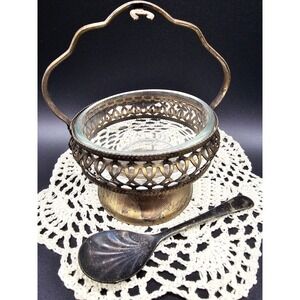 Vintage Silver-Plated Condiment Server with Glass Insert and Shell Spoon 4" wide